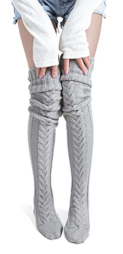 Pcavin Women's Thigh High Socks Over the Knee Cable Knit Boot Socks, Long Warm Fashion Leg Warmers Winter(Gray)