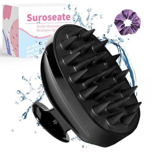 Suroseate Scalp Massager Shampoo Brush with Soft Silicone Bristles for Hair Growth, Scalp Scrubber Head Massager for Dandruff Removal, Shower Hair Brush for Women Men Kids Wet Dry Hair, Black