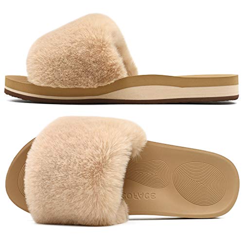 COFACE Womens Slides Fuzzy House Slippers for Women Open Toe Fluff Slippers With Arch Support Plantar Fasciitis Orthotic Slippers Women House Shoes Indoor Size 7