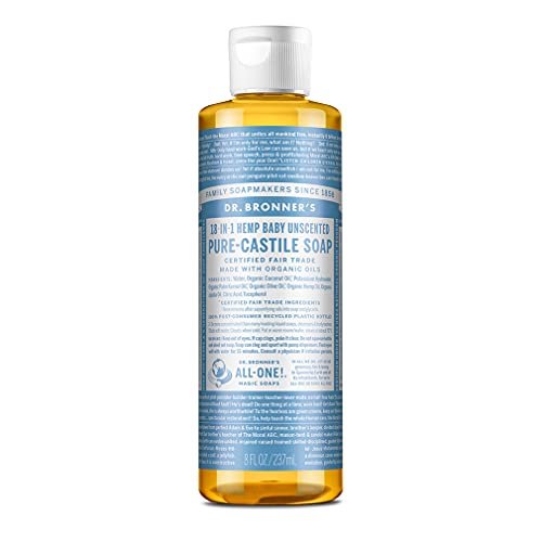 Dr. Bronner's - Pure-Castile Liquid Soap (Baby Unscented, 8 Ounce) - Made with Organic Oils, 18-in-1 Uses: Face, Hair, Laundry, Dishes, For Sensitive Skin, Babies, No Added Fragrance, Vegan, Non-GMO