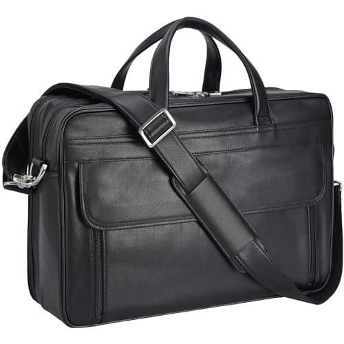 Vintage Genuine Leather Briefcase for Men 17 Inch Laptop Computer Case Business Travel Work Messenger Cross Body Shoulder Bags, Black