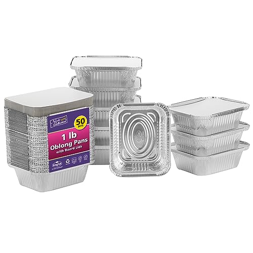 Nicole Home Collection Aluminum Pans With Lids - 50 Count - 1LB Oblong Pans (5'x4')- To Go Containers With Lids - Disposable Tin Foil Pans - Perfect For Catering, Meal Prep, Baking, Freezer Safe