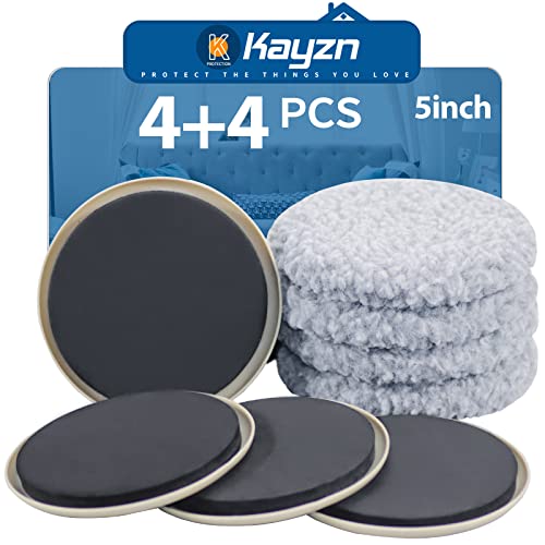 Kayzn Furniture Sliders Multi-Surface 2-in-1 Reusable Moving Pads for All Floor Types - 4 Pack 5' Carpet Sliders and 4 Hardwood Socks - Protect Floor and Easier to Move Your Furniture