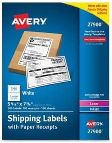 Avery Printable Shipping Labels with Paper Receipts, 5-1/16' x 7-5/8', White, 100 Blank Mailing Labels (27900)