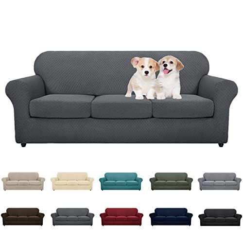MAXIJIN 4 Piece Newest Couch Covers for 3 Cushion Couch Super Stretch Non Slip Couch Cover for Dogs Pet Friendly Elastic Jacquard Furniture Protector Sofa Slipcovers (Sofa, Dark Gray)