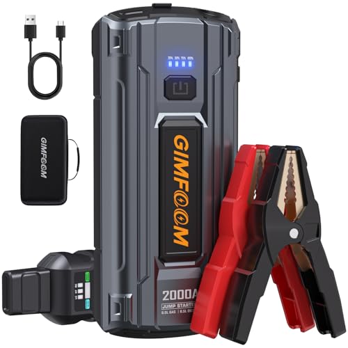 GIMFOOM Jump Starter, 2000A Car Battery Jump Starter for Up to 8.0L Gas or 6.5L Diesel Engines, 12V Portable Car Jump Starter Battery Pack, Jump Box with 400 Lumens LED Light/Dual USB Output