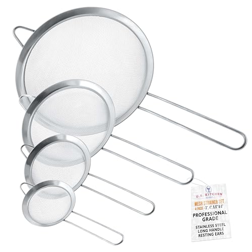 U.S. Kitchen Supply - Set of 4 Premium Quality Fine Mesh Stainless Steel Strainers - 3', 4', 5.5' and 8' Sizes - Sift, Strain, Drain and Rinse Vegetables, Pastas & Tea