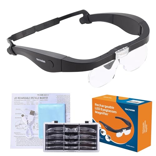 YOCTOSUN Rechargeable Magnifying Glasses, Head Magnifier Glasses with 2 LED Lights and Detachable Lenses 1.5X, 2.5X, 3.5X,5X, Best Eyeglasses Magnifier for Reading and Hobby