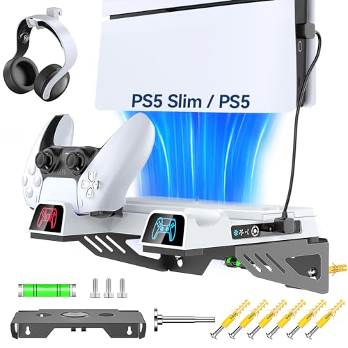 PS5 Slim Wall Mount Kit with Cooling Fan & Charging Station, PS5 Shelf Floating Mount for PS5/PS5 Slim Disc & Digital Console, PS5 Wall Bracket Behind TV, PS5 Slim Accessories PS5 Cooling Station