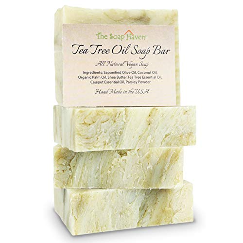 TEA TREE SOAP BAR - 4 Natural Tea Tree Oil Soap Bars for Face, Hand, Foot, Body Wash - Fights Acne, Itch, Body Odor. 4 Large 4.5 oz Bars, Handmade in USA with Non-GMO Ingredients
