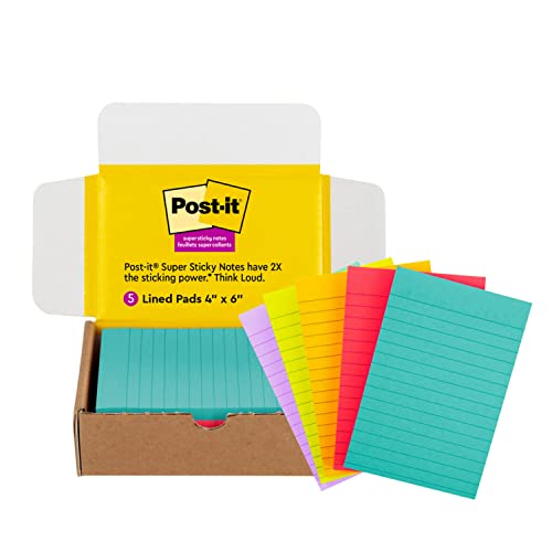 Post-it Super Sticky Lined Notes, 5 Sticky Note Pads, 4 x 6 in., School Supplies, Office Products, Sticky Notes for Vertical Surfaces, Monitors, Walls and Windows, Supernova Neons Collection