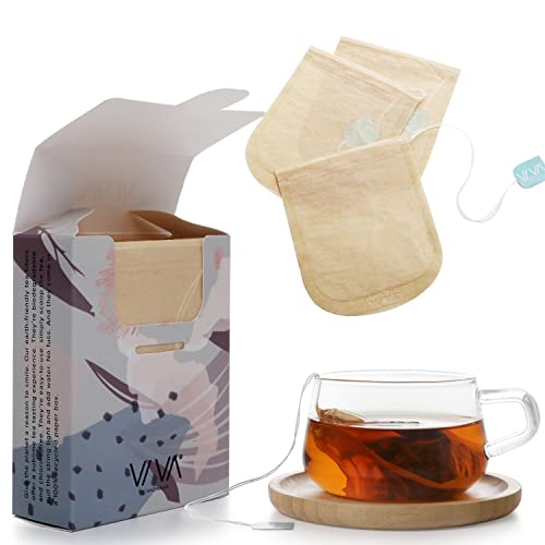 VIVA Large Tea Bags for Loose Leaf Tea, 50 Ct, Holds 6 Tbsp of Coffee, Tea, Spices in Natural Unbleached Manila Hemp Empty Filter Bag, Compostable, Disposable with Extra Long String