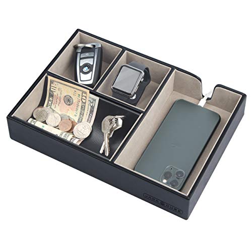 JACKCUBE DESIGN - Valet Tray Multi Leather, Desk or Dresser Organizer, Catch-all for Keys, Phone, Wallet, Coin, Jewelry and Nightstand(Black, 10.6 x 7.2 x 1.9 inches) - :MK233A