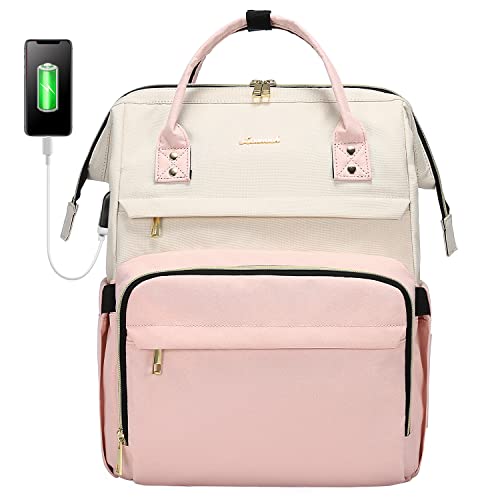 LOVEVOOK Laptop Backpack for Women Fashion Business Computer Backpacks Travel Bags Purse Doctor Nurse Work Backpack with USB Port, Fits 15.6-Inch Laptop Beige Pink