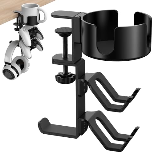 POWNEW 4 in 1 Desk Cup Holder with Headphone Hanger and Controller Stand Gaming Accessories, Universal Adjustable & Rotating Upgraded Arm Clamp for Coffee Mugs, Water Bottles, Headphones, Controller.