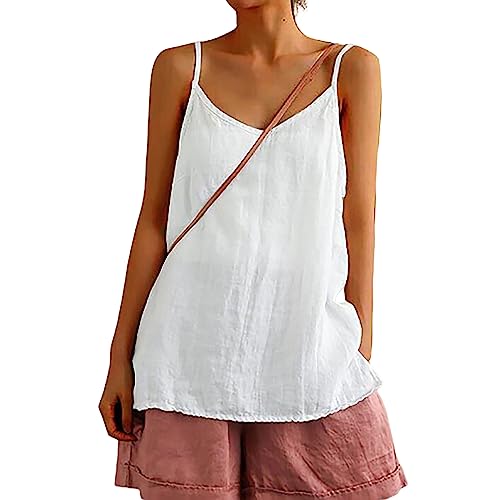 Mayntop Women Camisole Cotton Linen Spaghetti Strap Cami Top Sleeveless V-Neck Solid Color Plain Loose Basic Tank A White S