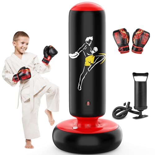 QPAU Larger Stable Punching Bag for Kids, Tall 66 Inch Inflatable Boxing Bag, Gifts for Boys & Girls Age 5-12 for Practicing Karate, Taekwondo, MMA and to Relieve Pent Up Energy in Kids and Adults