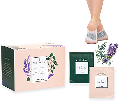 Sole Soothe Foot Pads Lavender Eucalyptus - All Natural Cleanse Feet Patches - Premium 2 in 1 Foot Care Pads Overnight Aromatherapy Treatment - 60 Foot Patches