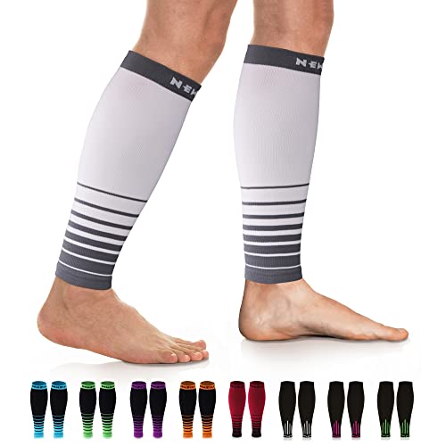 NEWZILL Compression Calf Sleeves (20-30mmHg) for Men & Women - Perfect Option to Our Compression Socks - For Running, Shin Splint, Medical, Travel, Nursing, Cycling (S/M, i-White/Grey)