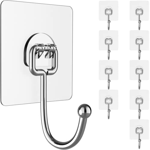 Large Hooks for Hanging Heavy-Duty 44Ib(Max) 10 Packs, Wall Hangers Without Nails Self-Adhesive Traceless Clear and Removable, Waterproof and Rustproof Multiple Uses for Bathroom Kitchen Home