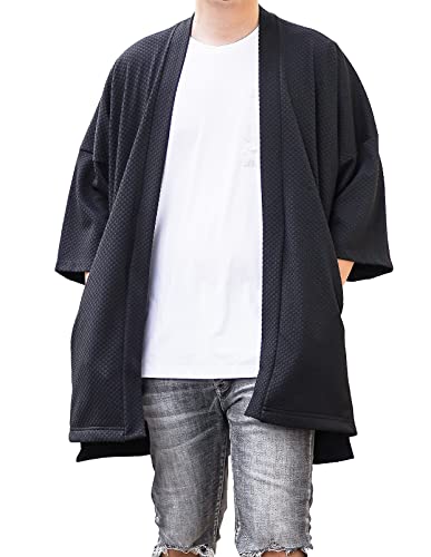 Men's Long Oversized Kimono Cardigan Noragi Street Jacket Haori Man Yukata Coat (Black)
