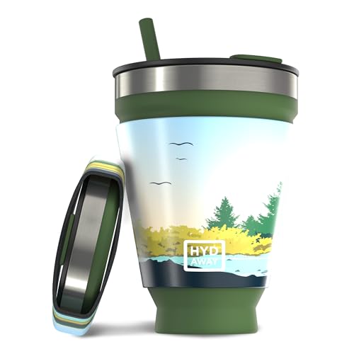 HYDAWAY Collapsible Tumbler with Lid and Straw - 16 oz I Portable, Insulated Silicone Travel Mug, Hot & Cold Foldable Cup for Coffee, Tea, Camping & Backpacking, Spill Proof Lid & Steel Rim