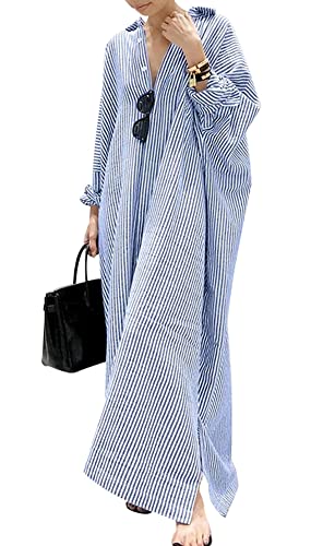 chouyatou Women's Casual Long Sleeve Button Down Loose Striped Cotton Maxi Shirt Dress (Large, Blue)