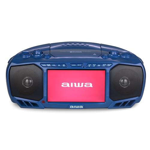 Aiwa Portable Boombox, Crystal Clear Sound with 3W x 2 Speakers and Bass Function, Featuring a 7' LCD Display, Bluetooth Connectivity, FM Radio, CD/DVD Player, Streaming on Roku and Amazon Firestick