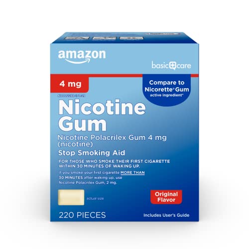 Amazon Basic Care Uncoated Nicotine Polacrilex Gum 4 mg, Original Flavor, Stop Smoking Aid, 220 Count