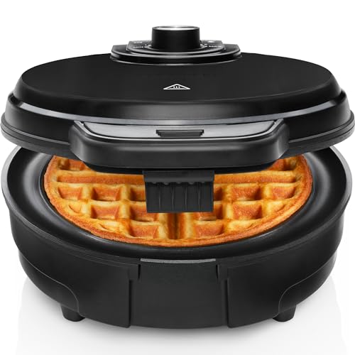 Chefman Anti-Overflow Belgian Waffle Maker w/Shade Selector, Temperature Control, Mess Free Moat, Round Iron w/Nonstick Plates & Cool Touch Handle, Measuring Cup Included, Black, RJ04-AO-4