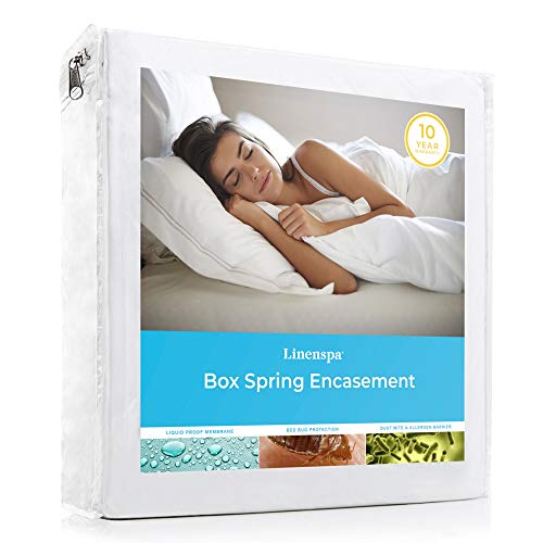 Linenspa Box Spring Encasement Queen, Complete Protection with Zipper, Waterproof Box Spring Protector Queen, White
