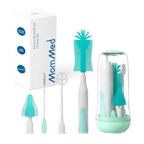 MomMed Electric Bottle Brush, Electric Baby Bottle Brush Set with Silicone Bottle/Pacifier/Straw Brush and Mixing Head, Waterproof Bottle Cleaner Brush with Drying Rack, 2 Modes & 360° Rotation