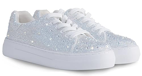 Suokdil Sparkle Rhinestone Sneakers for Women Bling Sneakers Rhinestone Sneakers White Shoe Glitter Fashion Bedazzled Platform Tennis Shoes Bride Sequin Wedding and Party Trendy Shoes (Numeric_8)