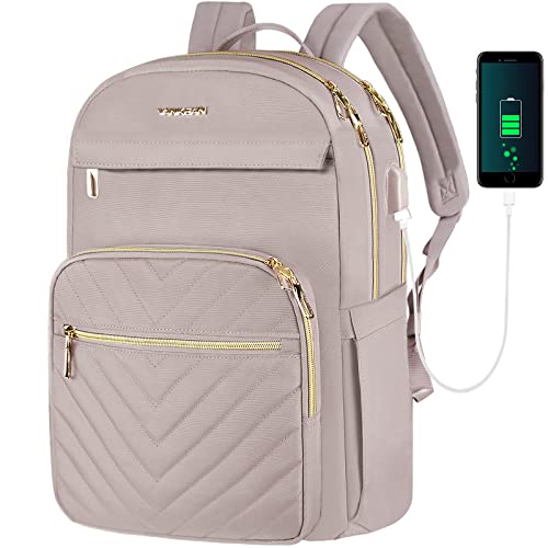 VANKEAN 15.6 Inch Laptop Backpack for Women Work Bag Fashion with USB Port, Waterproof Stylish Travel Bags Casual Daypacks for College, Business, Light Dusty Pink