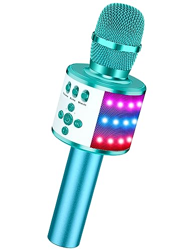 BONAOK Bluetooth Wireless Karaoke Microphone with LED Lights,4-in-1 Portable Handheld Mic with Speaker Karaoke Player for Singing Home Party Toys Birthday Gift for Kids Adults Girls Q78(Ice Blue)