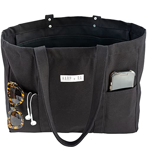 Harp and Ra Raven Black Tote Bag - Utility Tote with 2 Front Pockets and Laptop Sleeve, Teacher Bag in 16 Oz. Organic Cotton, Jumbo Book Bag for Nurses, Work, Diapers, Tote Bag
