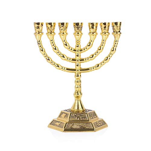 12 Tribes of Israel Jerusalem Temple Menorah,7 Branch Hexagonal Base Jewish Candle Holder, Holy Land Gift (Menorah)