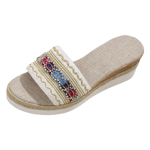 JEUROT Women's Espadrille Wedge Sandals Open Toe Boho Platforms Slip On Slides Vocation Beach Dressy Summer Slippers Shoes (Beige, 7.5)