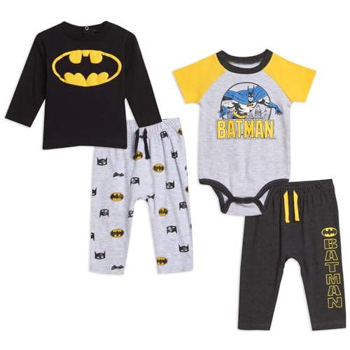 DC Comics Justice League Batman Newborn Baby Boys Bodysuit Pullover T-Shirt and Pants 4 Piece Layette Set Dark Multipack 0-3 Months