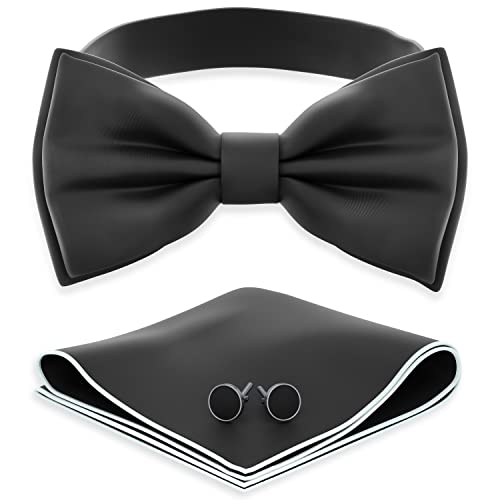 Adam Young Men's Black Bow Tie with Handkerchief & Cufflinks Pre-Tied Style Formal Satin Classic Bowtie for Tuxedo Faux Silk (Large, Black)