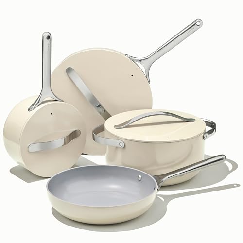 Caraway Nonstick Ceramic Cookware Set (12 Piece) Pots, Pans, 3 Lids and Kitchen Storage - Non Toxic - Oven Safe & Compatible with All Stovetops - Cream