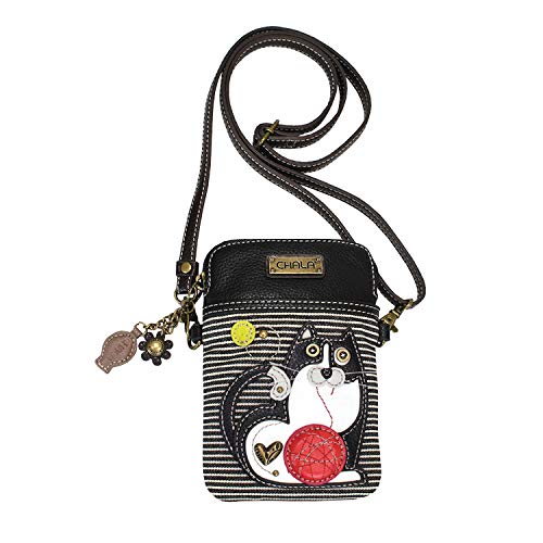 CHALA Cell Phone Crossbody Purse-Women PU Leather/Canvas Multicolor Handbag with Adjustable Strap - Fat Cat - black stripe