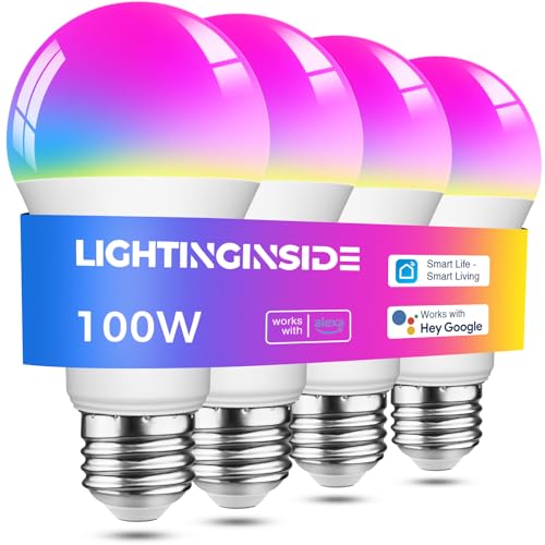 Lightinginside Smart Light Bulbs 100W Equivalent, 1350LM 11W WiFi Smart Bulb Works with Alexa/Google Assistant/Smart Life, A19 E26 Color Changing Bulb No Hub Required, 2.4GHz WiFi Only,ETL Listed,4PCS