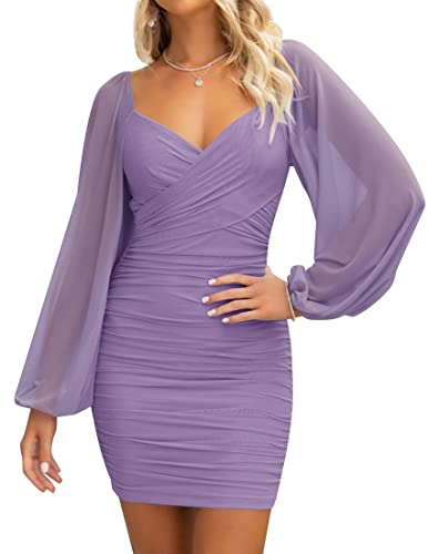 ZESICA Women's Sexy V Neck Ruched Bodycon Mini Dress Puff Long Sleeve Cocktail Wedding Party Short Dresses,Purple,Large