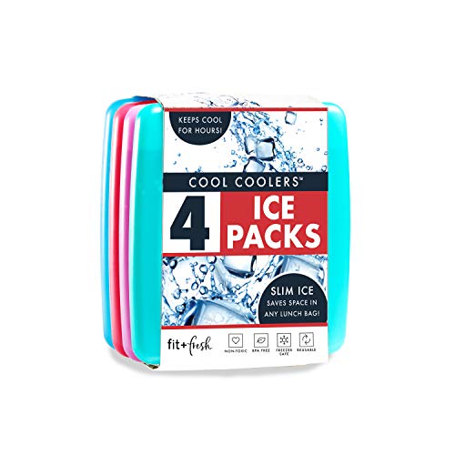 Cool Coolers by Fit & Fresh 4 Pack Slim Ice Packs, Quick Freeze Space Saving Reusable Ice Packs for Lunch Boxes or Coolers, Multi Colored