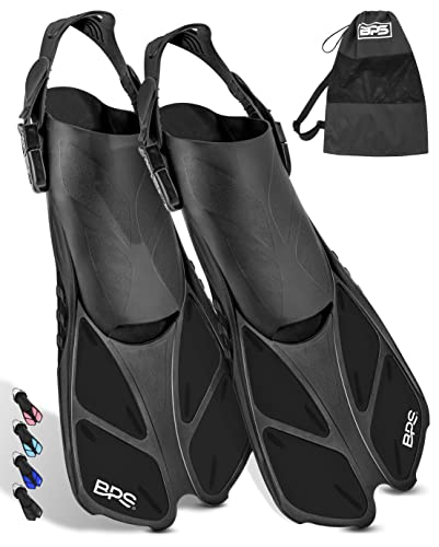 BPS Short Blade Swim Fins - with Adjustable Strap and Open-Toe, Open-Heel Design - for Swimming, Diving, Snorkeling, Scuba Diving - for Kids and Adults - Comes with Carry Bag (Black - L / XL)