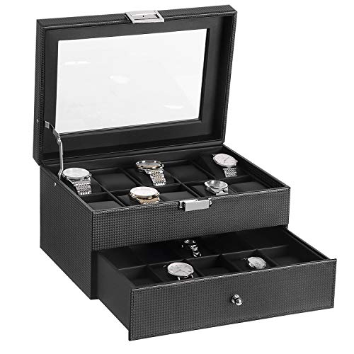 BEWISHOME Watch Box Organizer 20 Slots Watch Case Men Display Storage Case Metal Hinge Carbon Fiber Design Glass Top Large Holder Black SSH04C