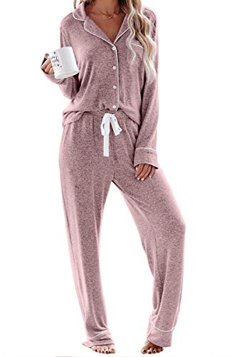 Aamikast Women's Two-piece Classic knit Pajama Sets Long Sleeve Button Down Sleepwear (L, Pink)
