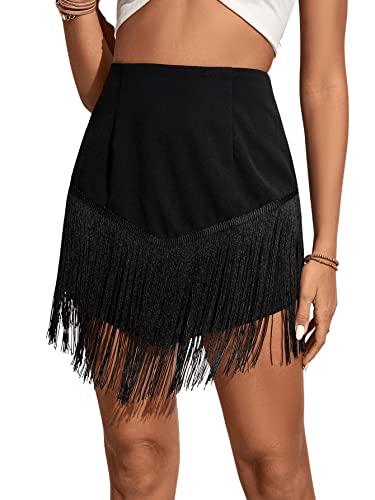 SweatyRocks Women's Boho Tassel Fringe Trim Skirt High Waist Zip Back Asymmetrical Hem Mini Skirts Black M