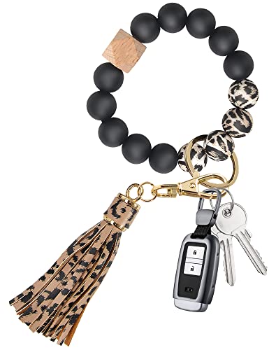 YUOROS Keychains for Women, Silicone Beads Wristlet Keychain Key Ring Bracelet with Tassel (Leopard)